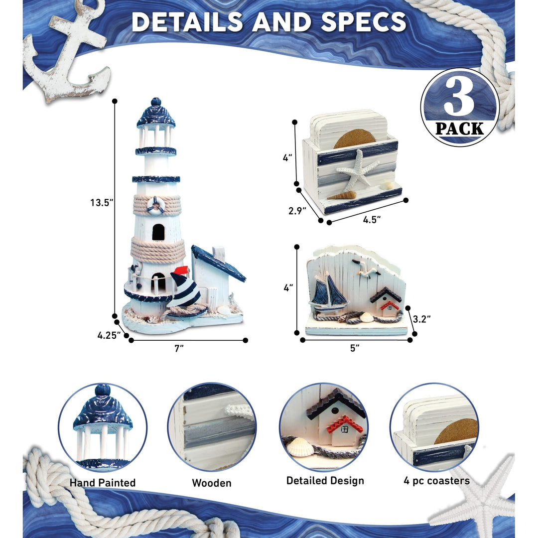 Blue Stripes Nautical- Lighthouse Napkin Holder Coaster hite Nautical Coastal - Diamond Home USA