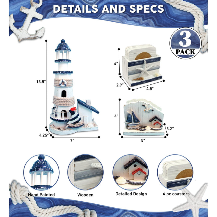 Blue Stripes Nautical- Lighthouse Napkin Holder Coaster hite Nautical Coastal - Diamond Home USA