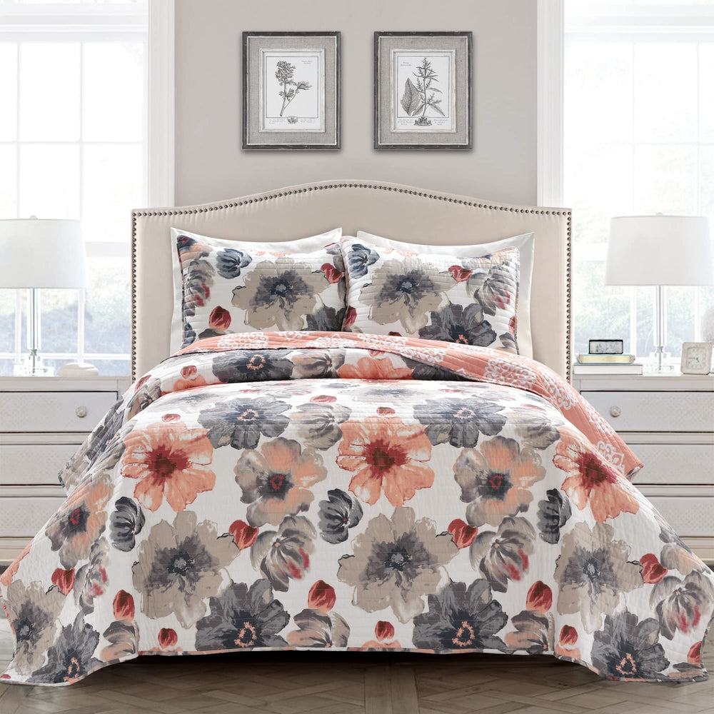 Maison Rouge Levine Reversible Floral/Damask 3-piece Quilt Set Yellow & Gray - Diamond Home USA