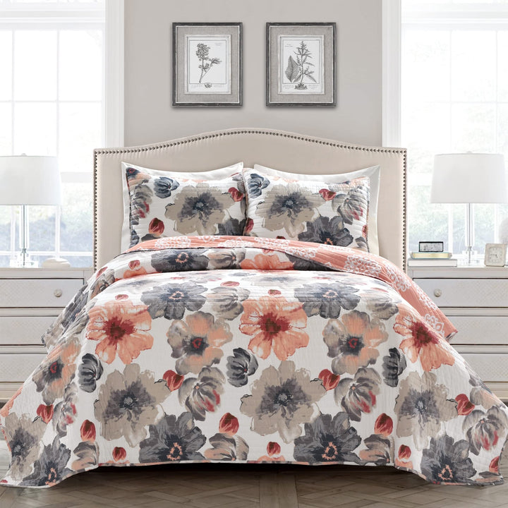 Maison Rouge Levine Reversible Floral/Damask 3-piece Quilt Set Yellow & Gray - Diamond Home USA