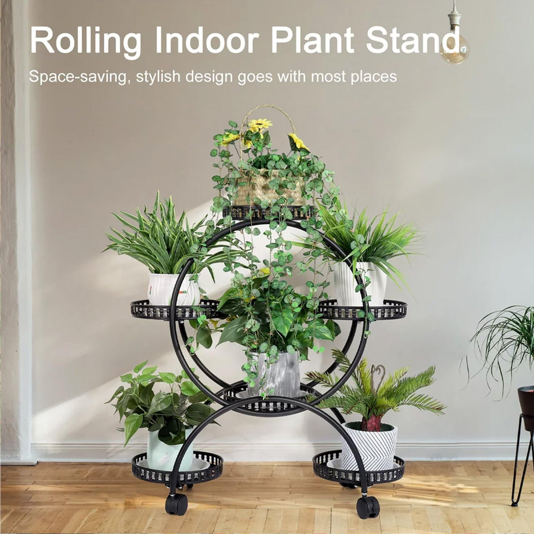 Flower Pot Holder Metal Plant Stand Shelf with 4-Wheel Black Classic Round Iron - Diamond Home USA