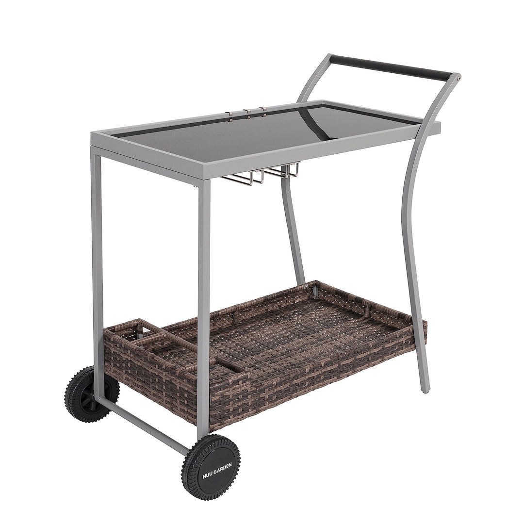 Outdoor 2-Tier Wicker Bar Cart On Wheels with Tempered Glass Board Grey - Diamond Home USA