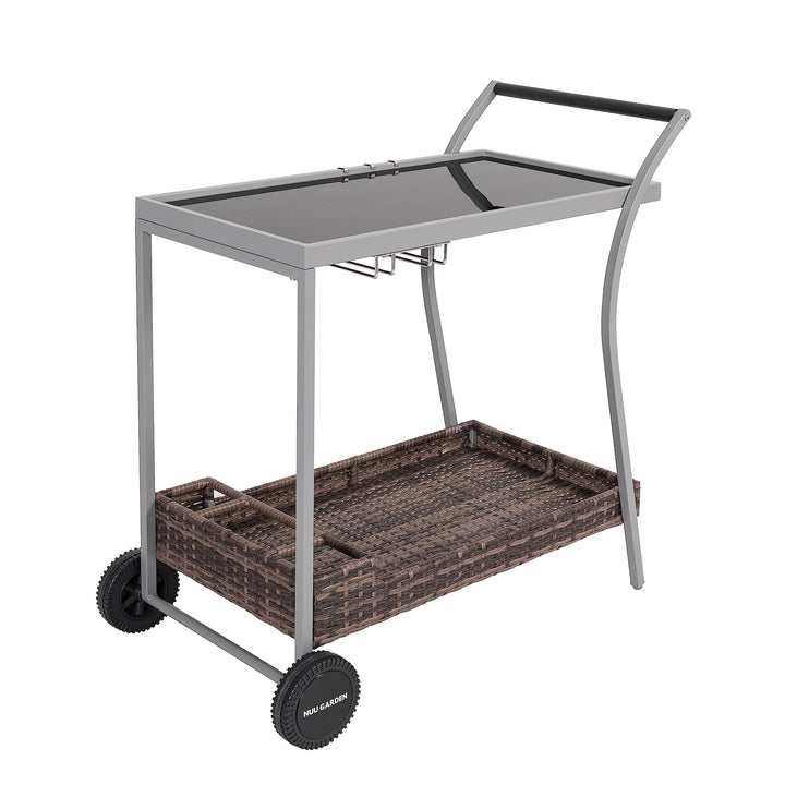 Outdoor 2-Tier Wicker Bar Cart On Wheels with Tempered Glass Board Grey - Diamond Home USA