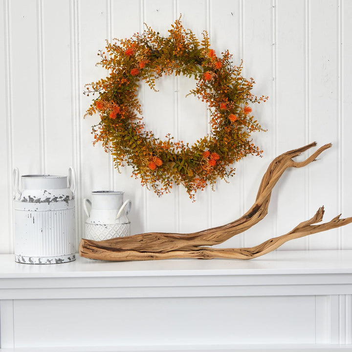 21" Autumn Fern Artificial Wreath Orange Polyester - Diamond Home USA