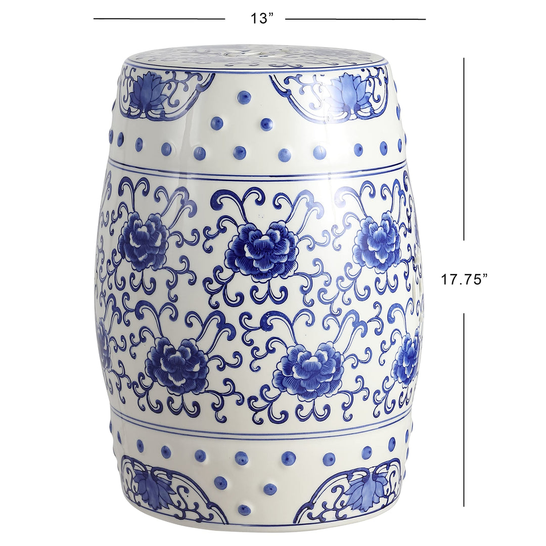 Lotus Flower 17.8" Chinoiserie Ceramic Drum Garden Stool lue/White lue White - Diamond Home USA