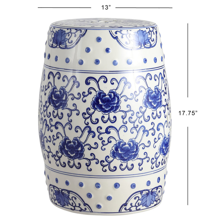 Lotus Flower 17.8" Chinoiserie Ceramic Drum Garden Stool lue/White lue White - Diamond Home USA