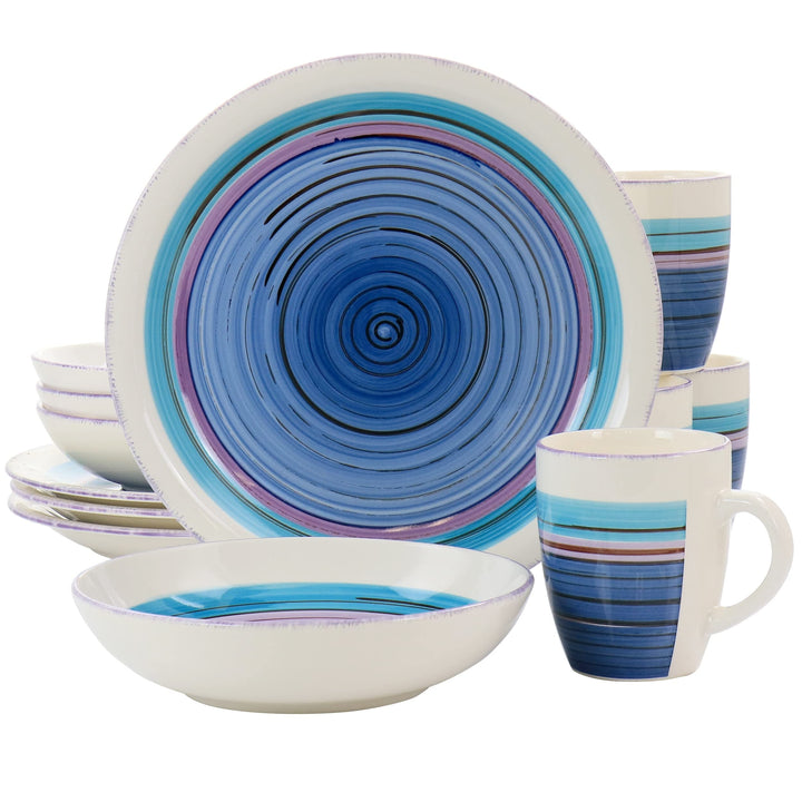 12 Piece Round Durastone Dinnerware Set in Blue Stripe Casual Stoneware 6 M