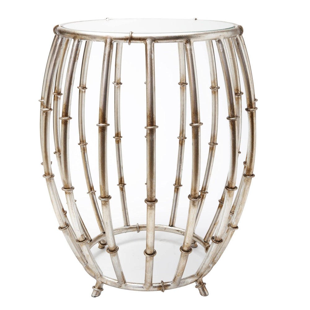 Antique Silver Bamboo Drum Table 26x19x20 Modern Contemporary Glass Handmade - Diamond Home USA