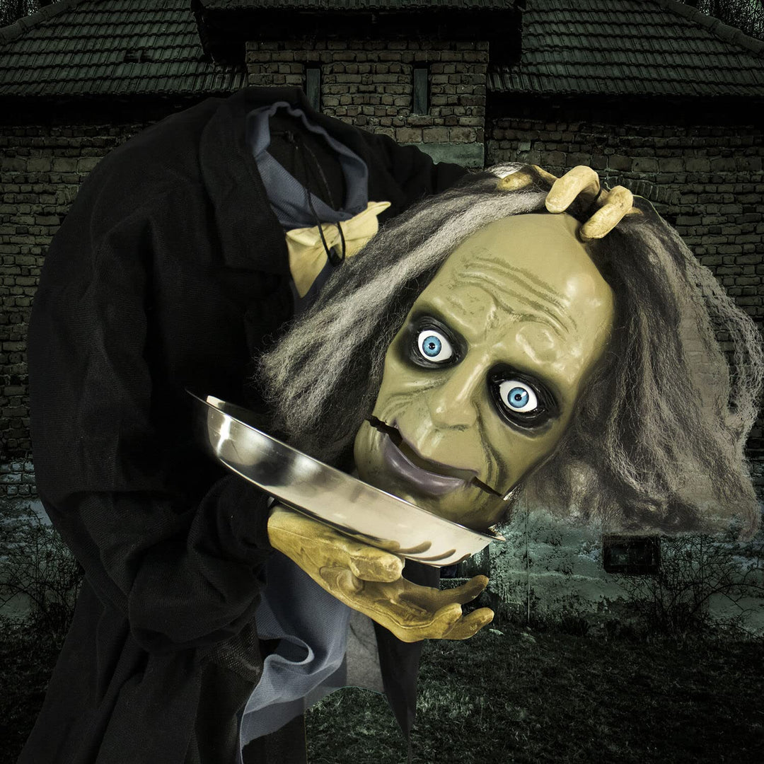Haunted Hill Farm Life-Size Talking Headless Zombie Butler Holding Tray - Diamond Home USA