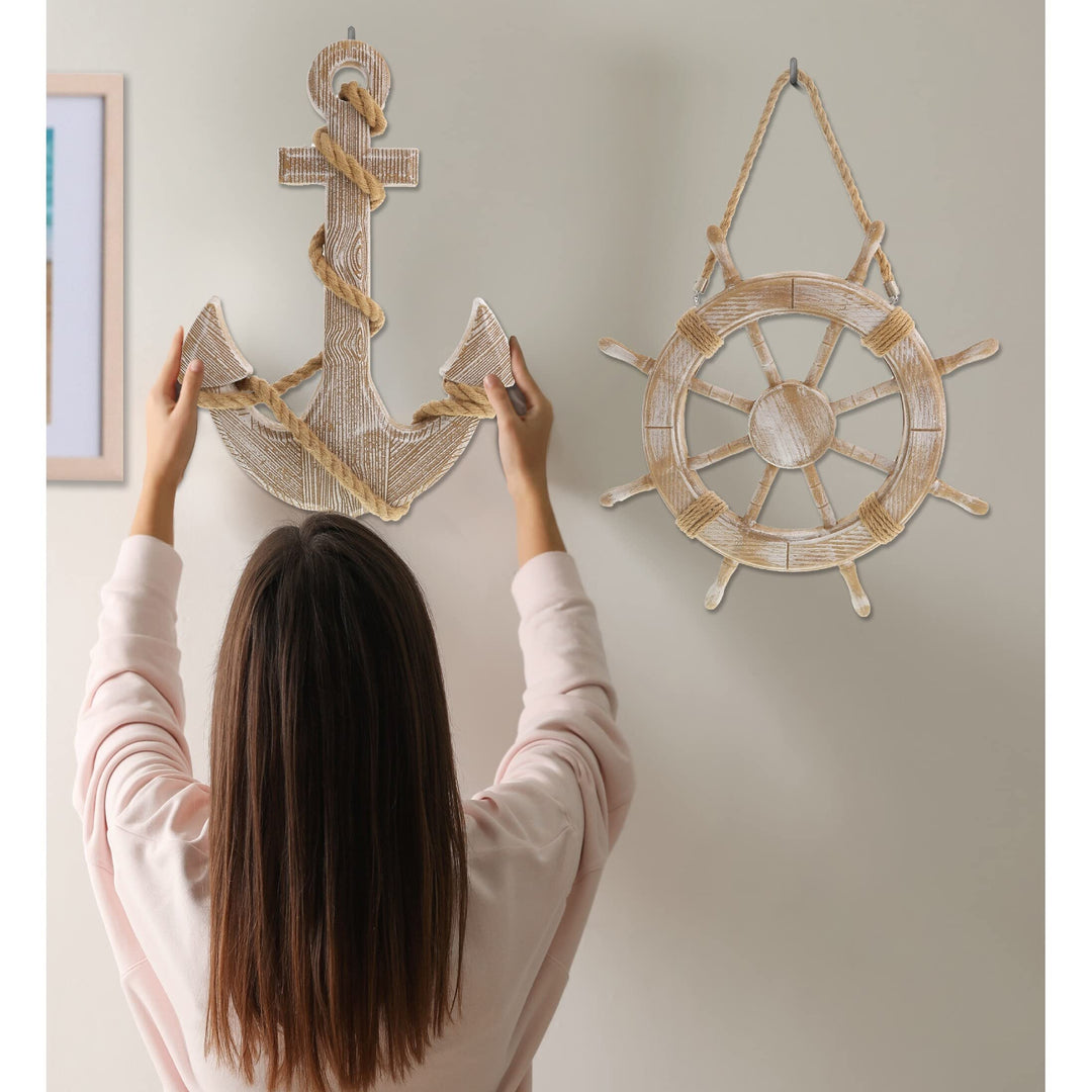 Beach Wall Anchor and Ship Wheel Set with Ropes 18 Inches Brown Wood Handmade - Diamond Home USA