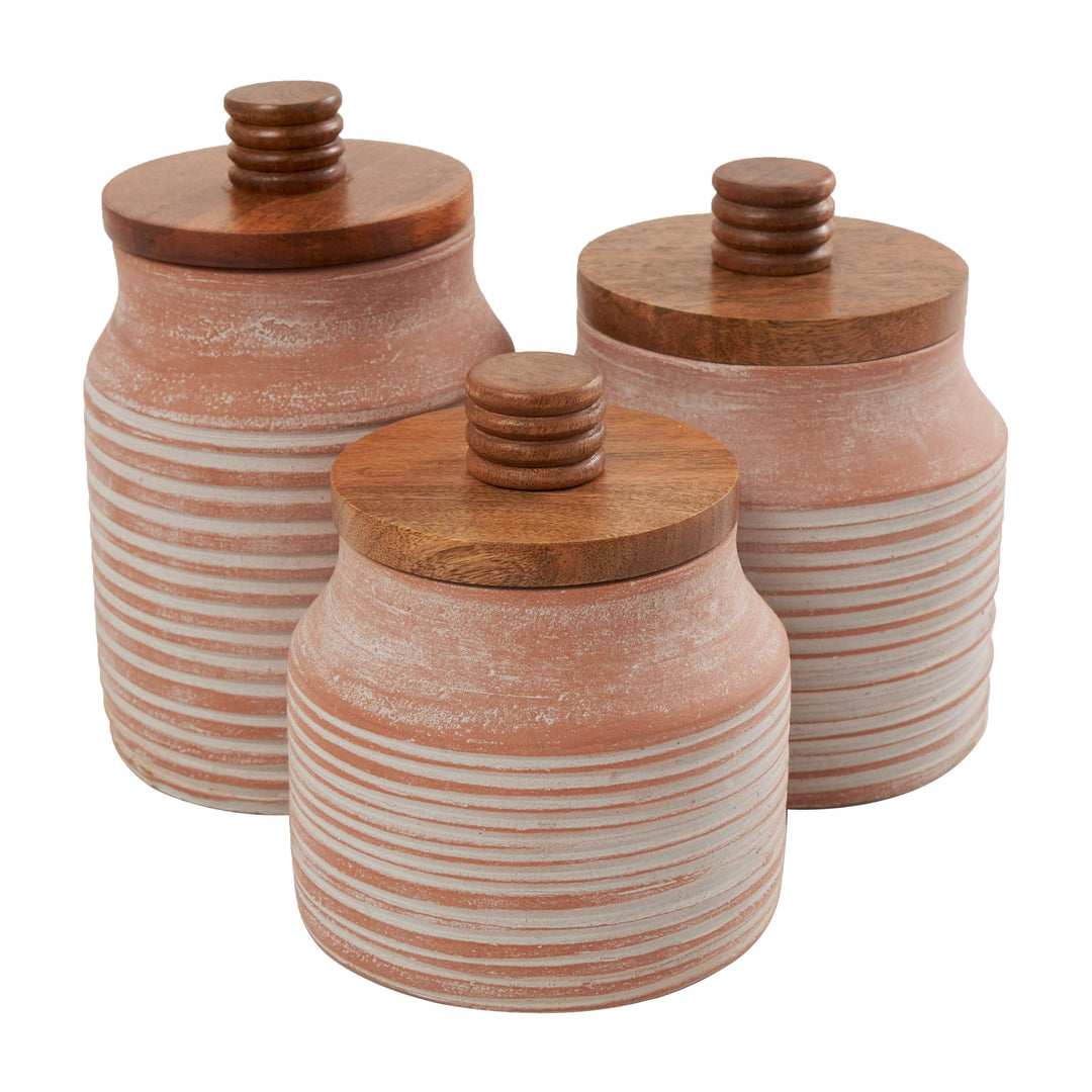 Light Brown Ceramic Decorative Jars With Wood Lids (Set Of 3) - Diamond Home USA