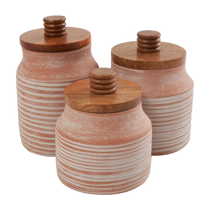 Light Brown Ceramic Decorative Jars With Wood Lids (Set Of 3) - Diamond Home USA