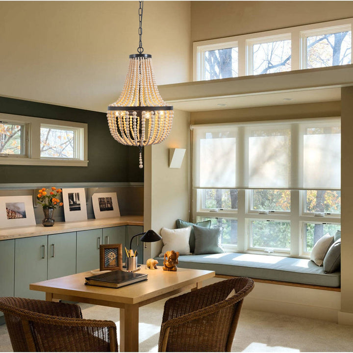 Farmhouse Wood Beaded Chandelier Modern Light Black Bohemian Eclectic Metal - Diamond Home USA