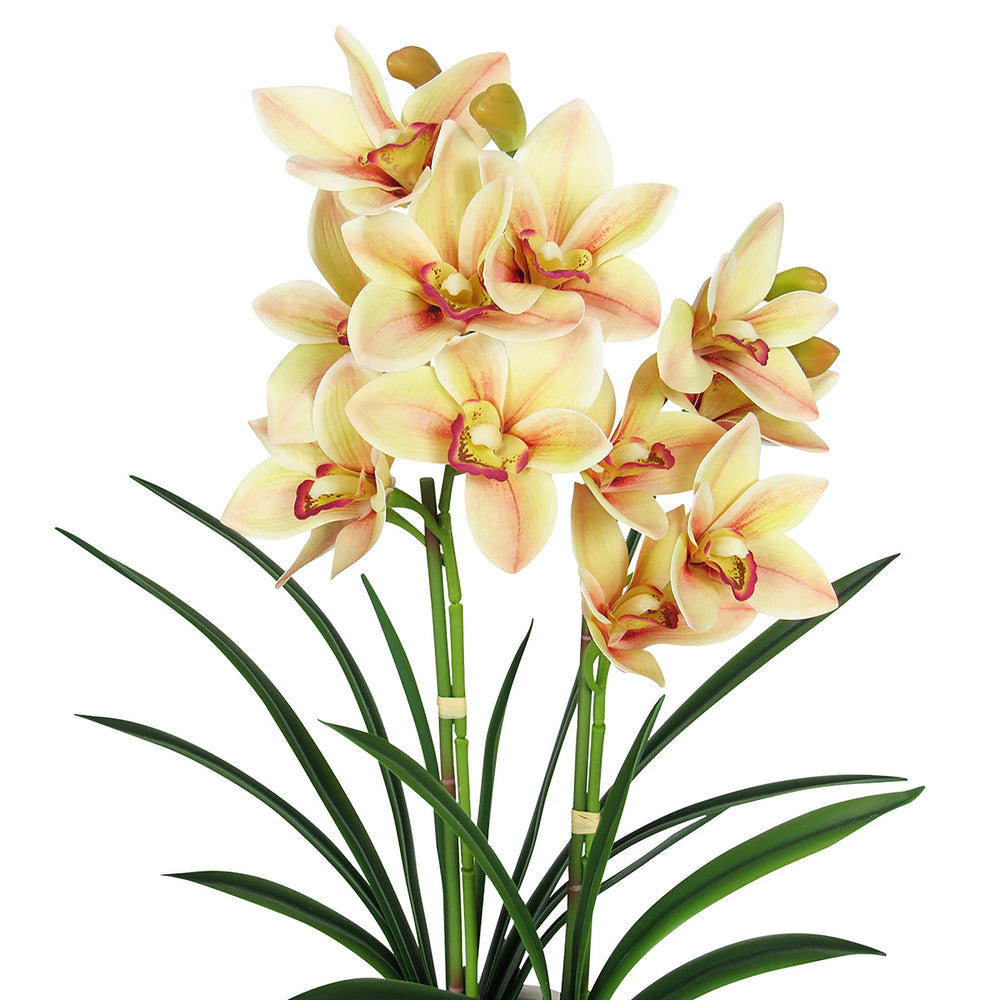 Orchid Flower Arrangement 2 Stem in Leaf Pattern Ceramic Pot 24in 24" H X 18" - Diamond Home USA