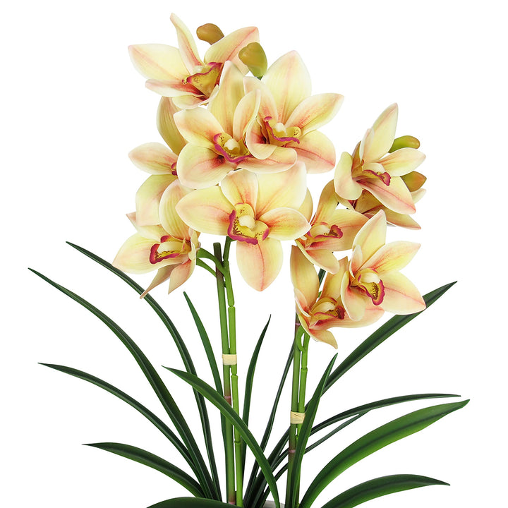 Orchid Flower Arrangement 2 Stem in Leaf Pattern Ceramic Pot 24in 24" H X 18" - Diamond Home USA