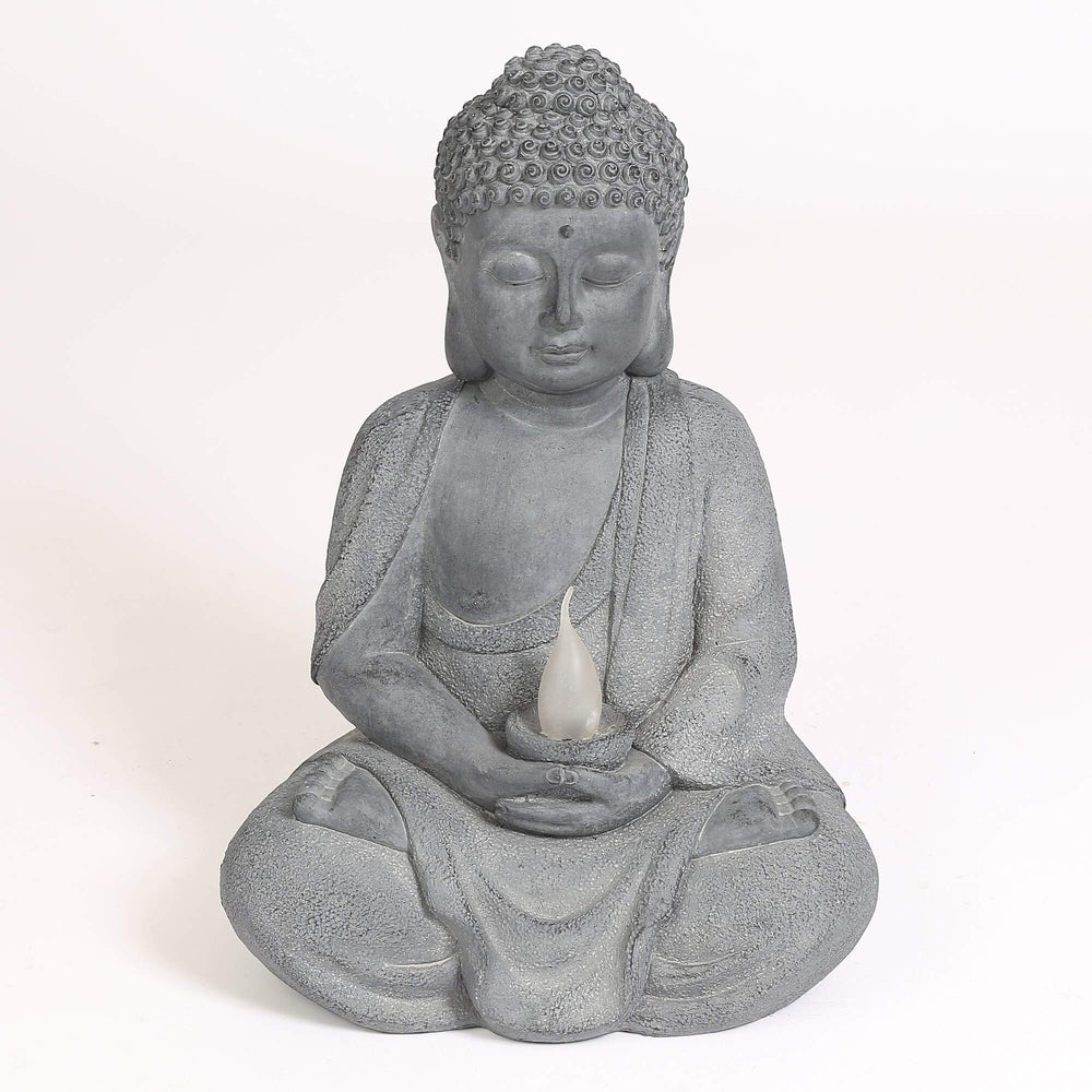 Meditating Buddha Garden Statue with Solar Light Grey Oriental Polyresin Bulbs - Diamond Home USA