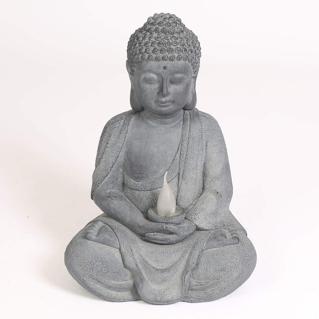 Meditating Buddha Garden Statue with Solar Light Grey Oriental Polyresin Bulbs - Diamond Home USA