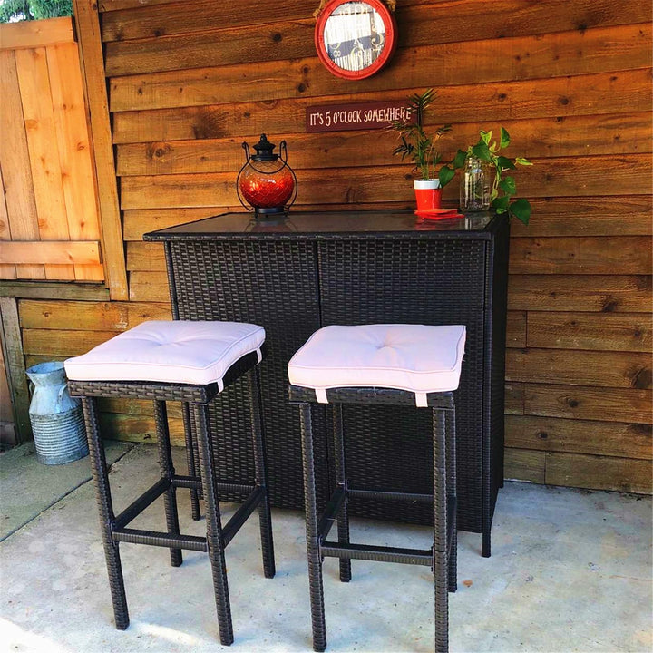 SUNCROWN Outdoor Bar Set 3-Piece Brown Wicker Patio Furniture - Glass Bar and - Diamond Home USA