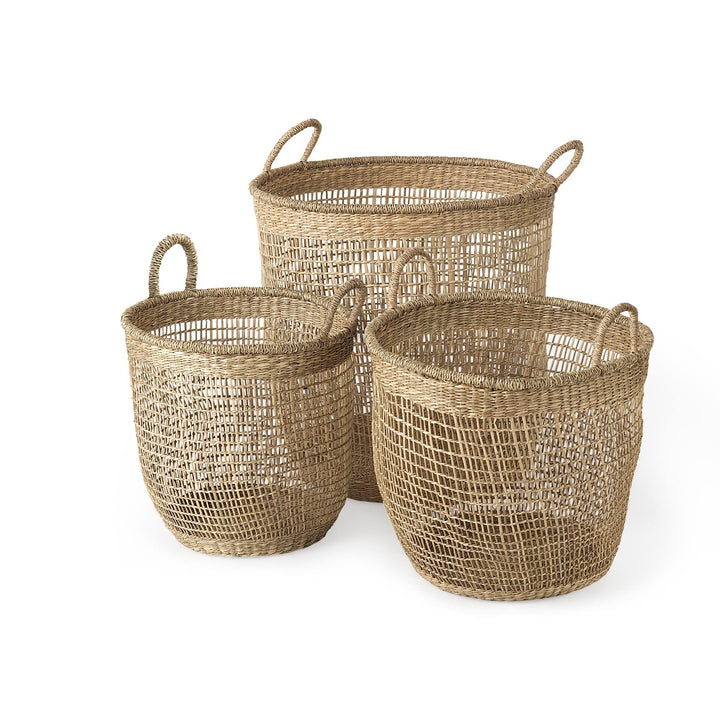 19.7l X 19.7w 19.7h (Set Of 3) Medium Brown Seagrass Round Basket W/les