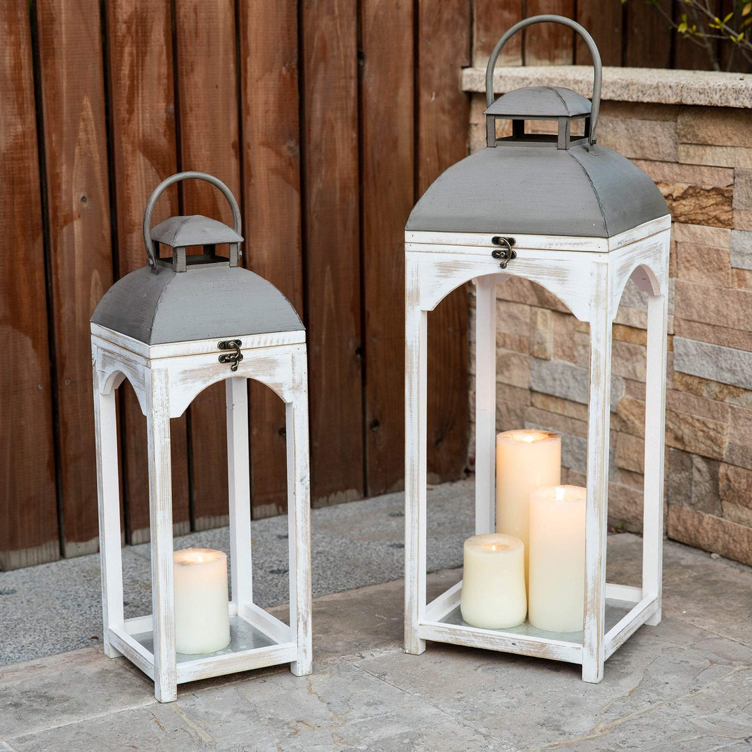 Set of 2 Farmhouse Wooden Lantern White Vintage Iron Wood Finish Handmade - Diamond Home USA
