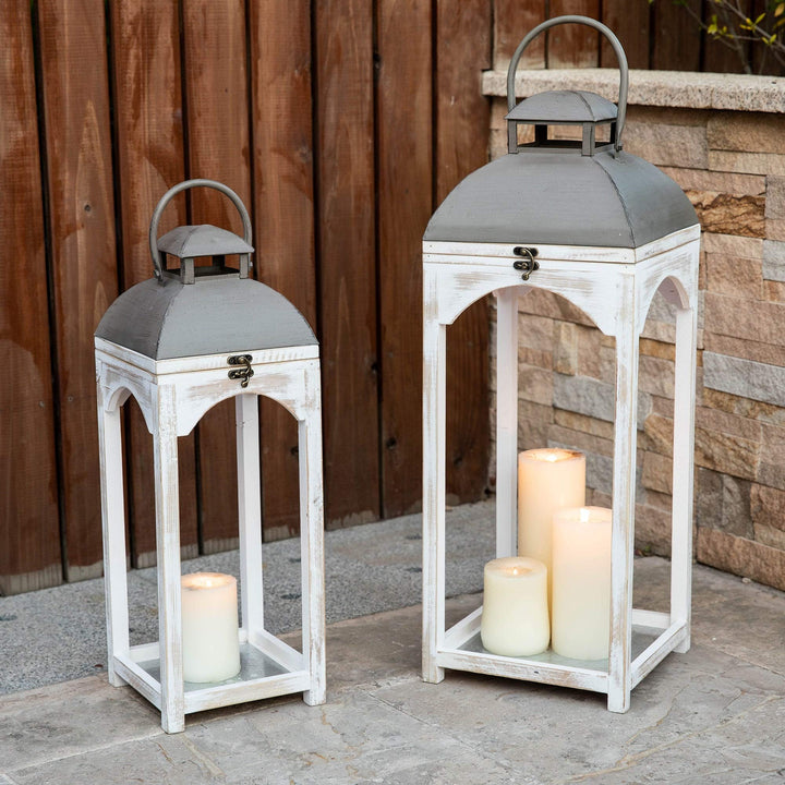 Set of 2 Farmhouse Wooden Lantern White Vintage Iron Wood Finish Handmade - Diamond Home USA