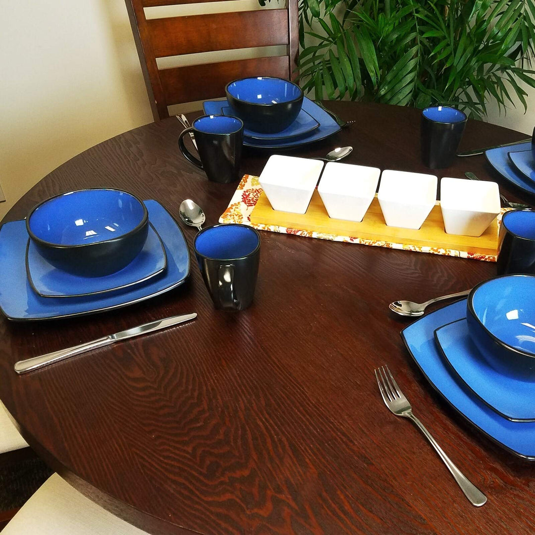 Downtown 16 Piece Stoneware Dinnerware Set -Soft Square in Blue Solid Casual - Diamond Home USA