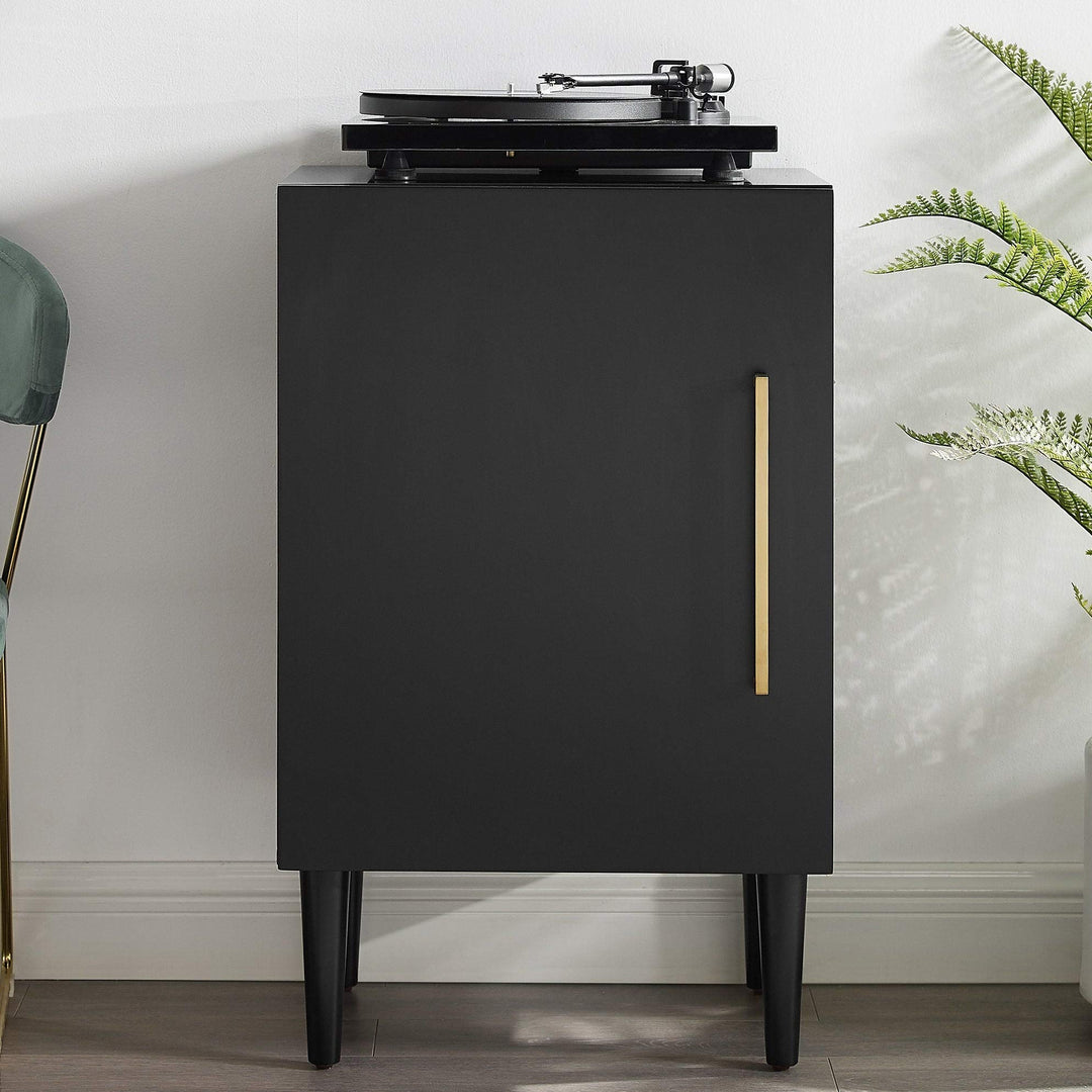 Matte Black Record Player Stand Mid-Century Modern MDF Doors