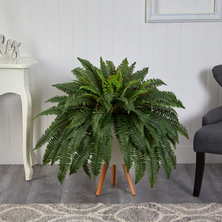 Nearly Natural 2.5ft. Boston Fern Artificial Plant in White Planter with Legs - Diamond Home USA