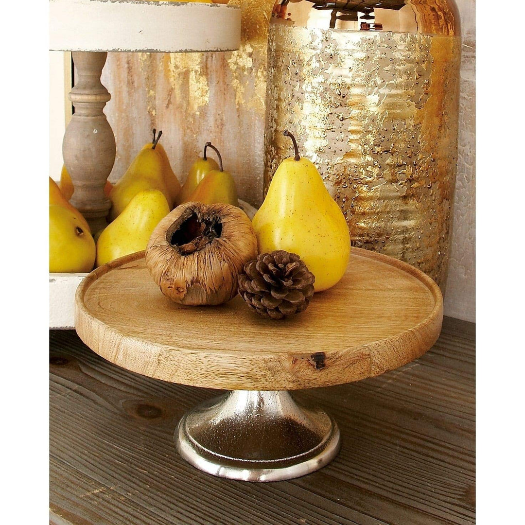 Set of 3 - Metal Wooden Cake Pedestal Stand Set Cupcakes Holders Round Dessert - Diamond Home USA