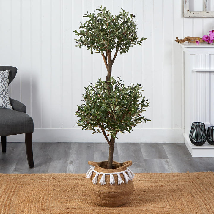 Nearly Natural 4.5ft. Artificial Olive Double Topiary Tree with Handmade Jute - Diamond Home USA