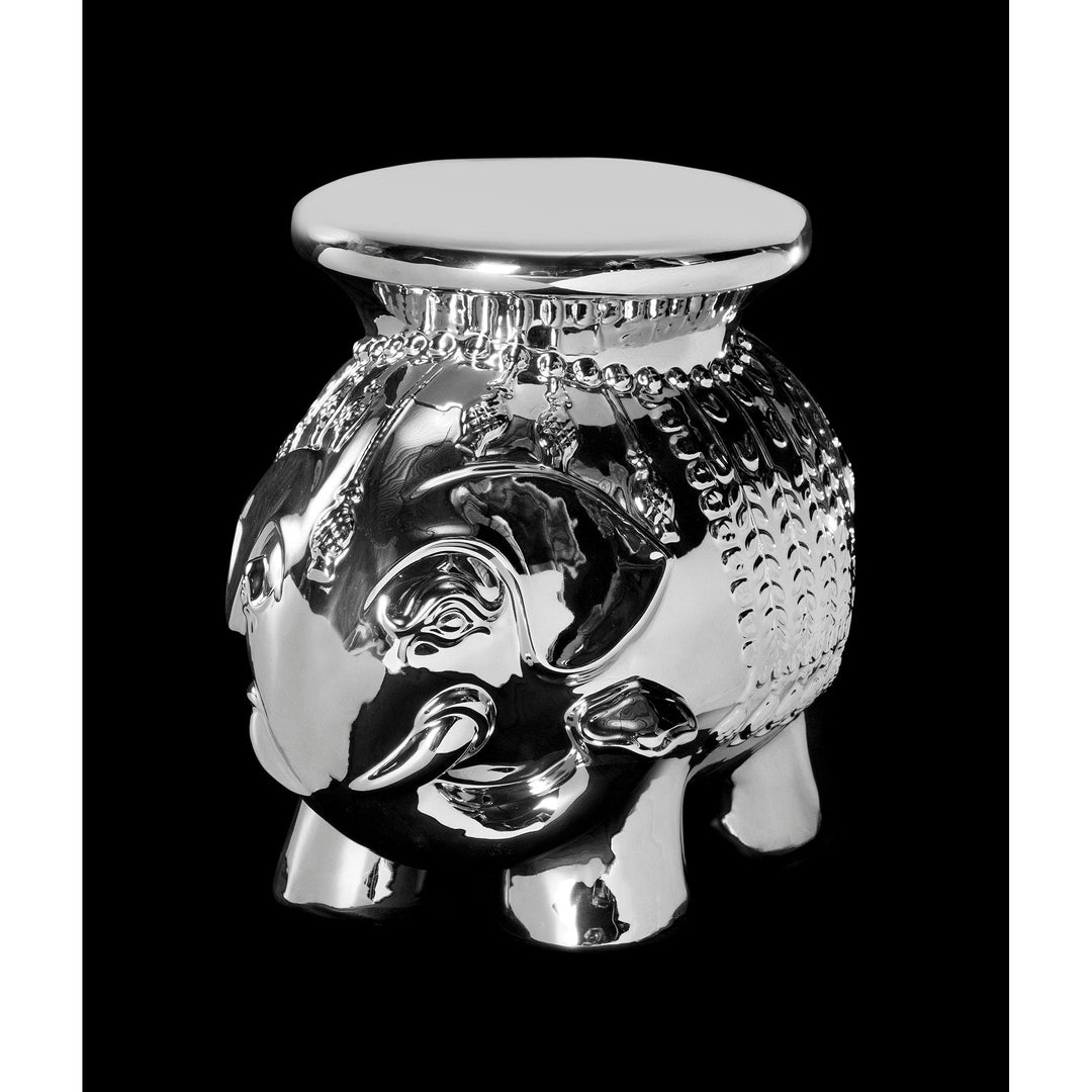 Paradise Elephant Silver Ceramic Garden Stool 19.8" X 14.3" 16.8" Oriental - Diamond Home USA
