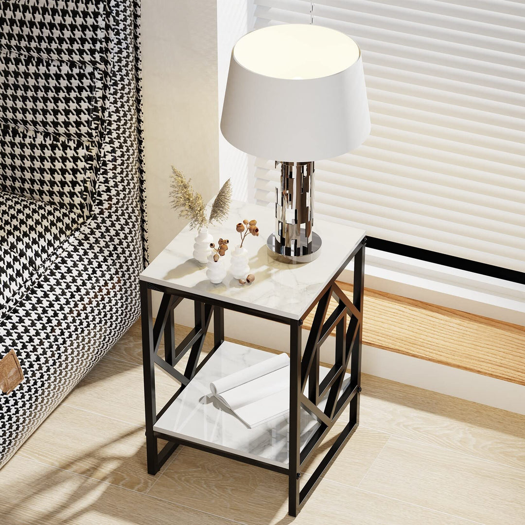 Square 15.7-inch Marble Top with Metal Frame Side Table Black Modern