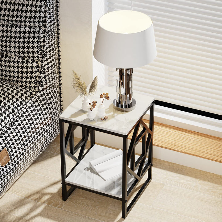 Square 15.7-inch Marble Top with Metal Frame Side Table Black Modern