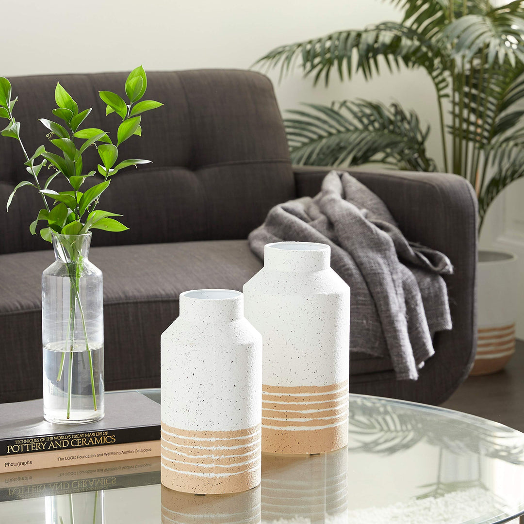 Round White Metal Textured Vase with Beige Striped Base Set of 2 11" " 6 X - Diamond Home USA