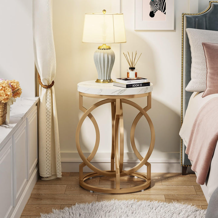 Gold End Table Round Side with Marble Top Mid-Century Modern Contemporary Iron - Diamond Home USA