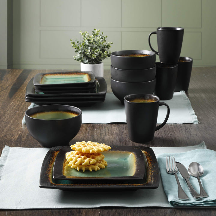 Gibson Elite Ocean Paradise Square Reactive Glaze Stoneware Dinnerware Set - Diamond Home USA