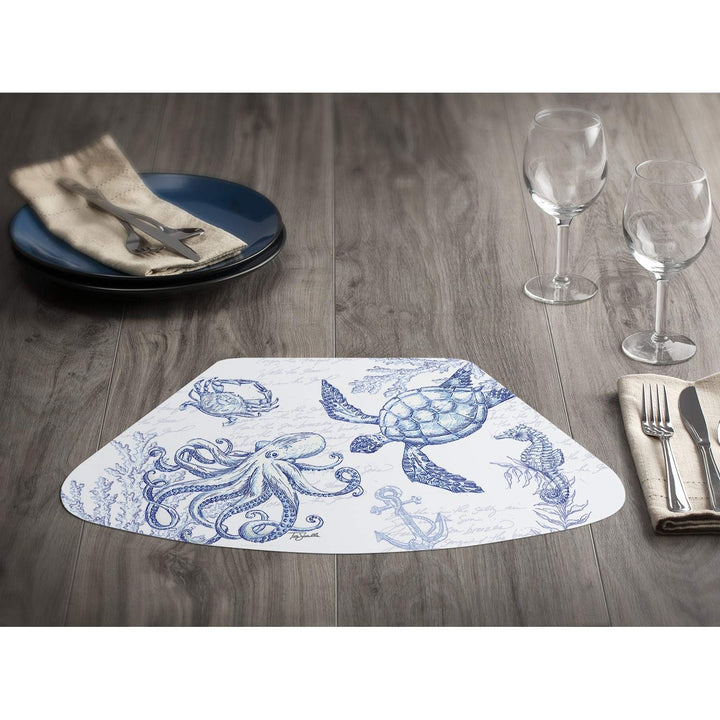Reversible Wipe-Clean Wedge Shaped Placemats Set of 4 Coastal Sketch Multi Color - Diamond Home USA