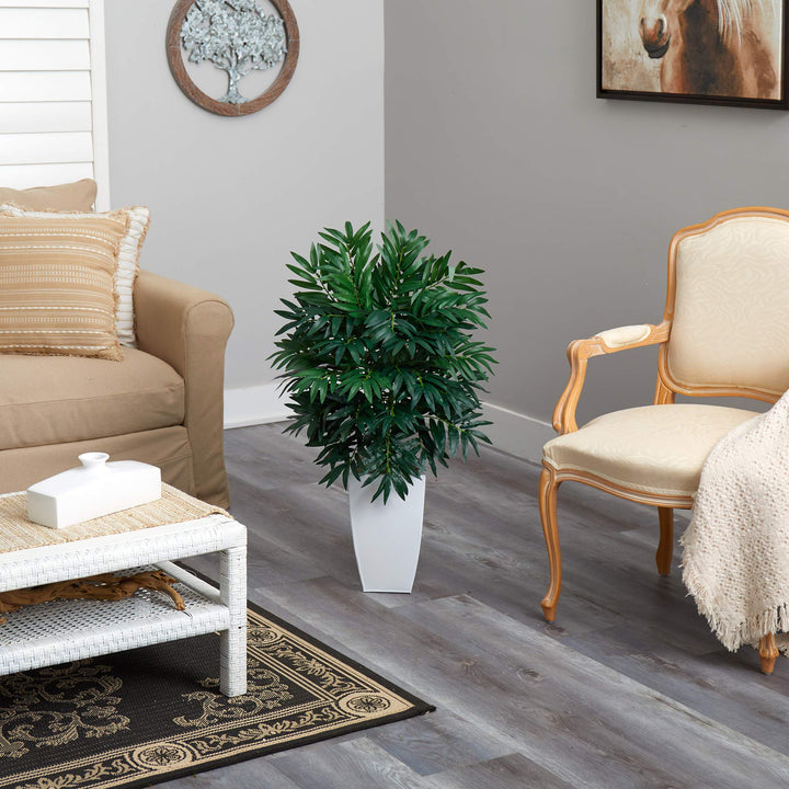 Nearly Natural 3ft. Bamboo Palm Artificial Plant in White Metal Planter - Diamond Home USA