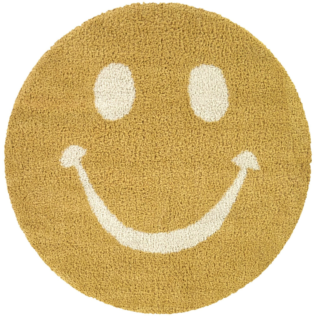 Smiley Face Kids Shag Area Rug 5'3" Round Cream White Yellow Novelty Tween - Diamond Home USA