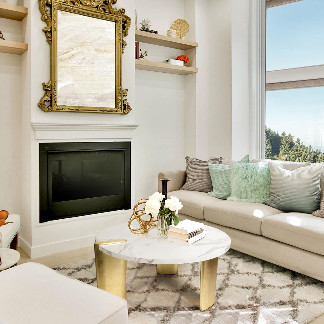 Modern Glam Round Coffee Table Golden Legs with White Marble Veneer 37" D X - Diamond Home USA