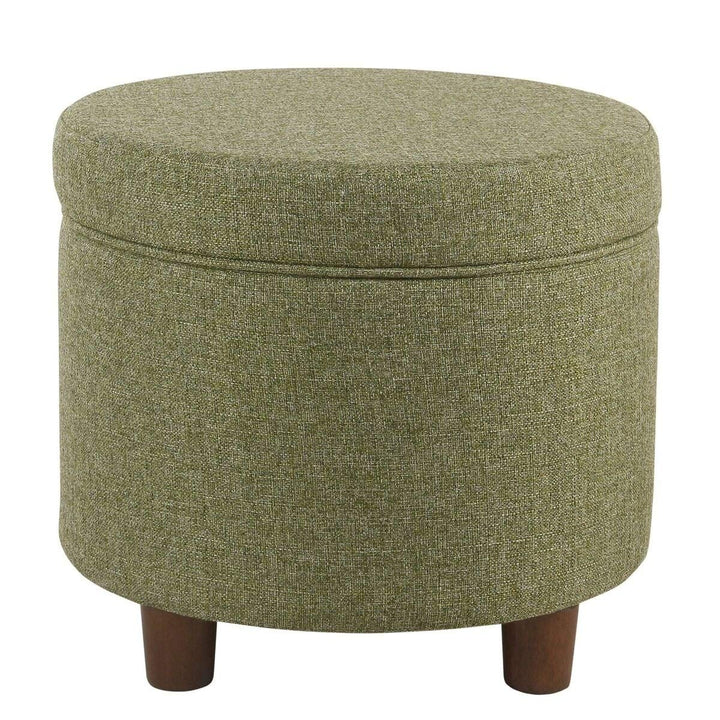 Green Tweed Round Storage Ottoman Solid Mid-Century Modern Fabric