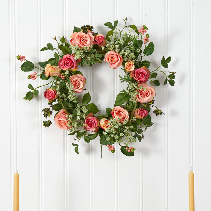 Nearly Natural 4802 Rose Wreath 20-Inch Peach 15" x 6" x 15" - Diamond Home USA