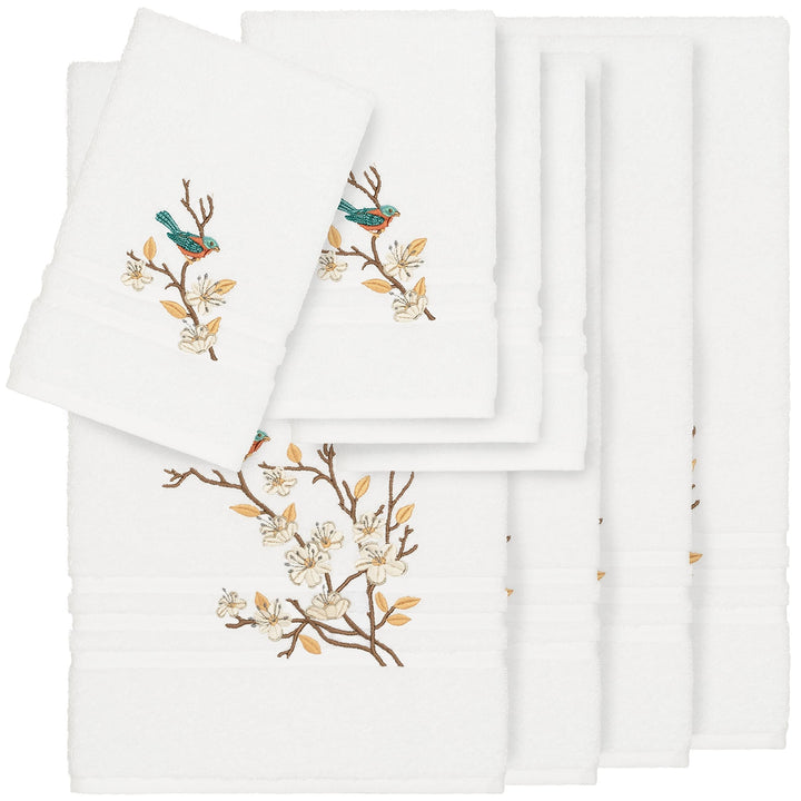 Authentic Hotel and Spa Turkish Cotton Blue Bird Embroidered White 8-Piece Towel