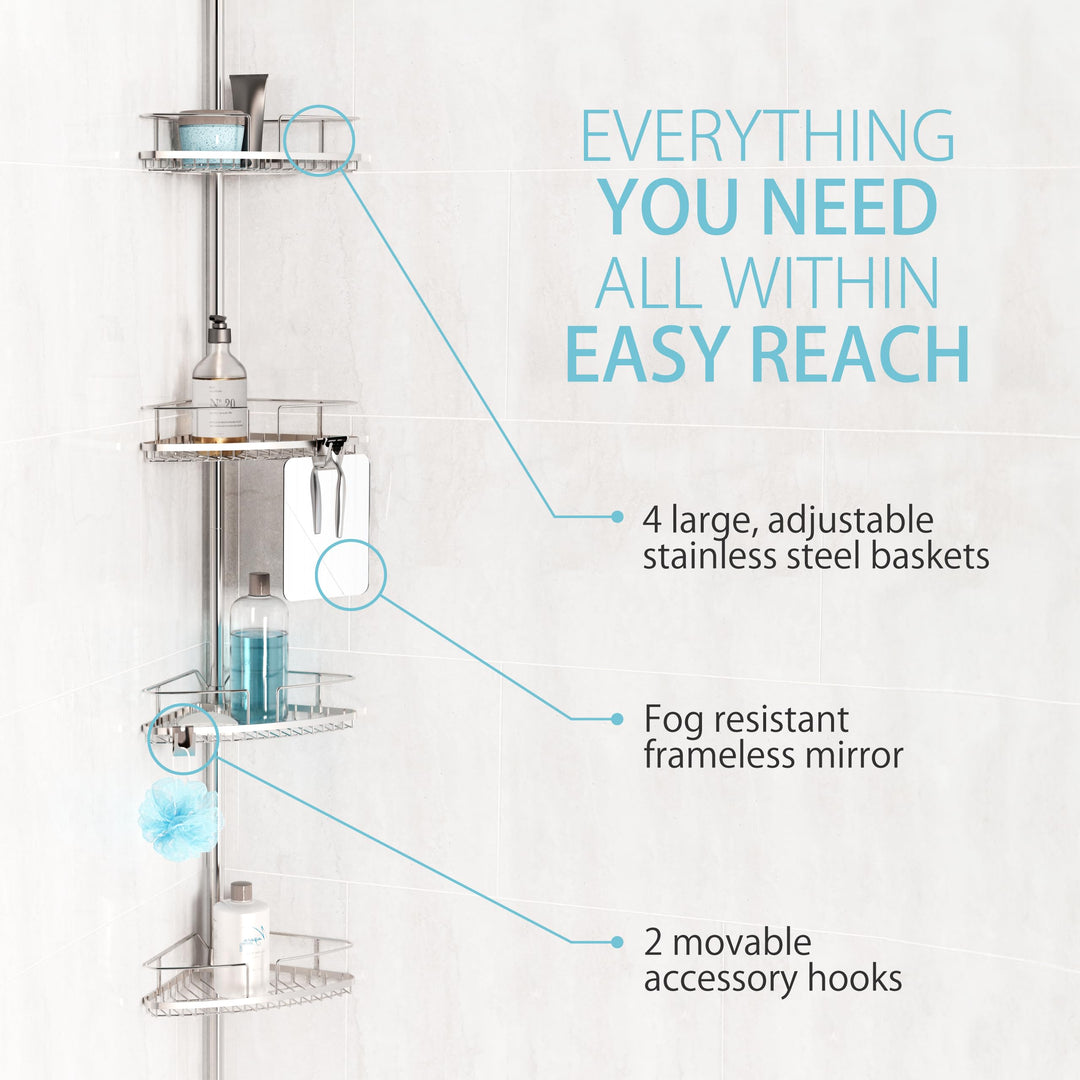 Better Living Products 13406 FINELINE Tension Shower Pole Caddy with Mirror - Diamond Home USA