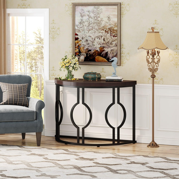 Half Moon Console Table for Entryway Semi Circle Sofa with Geometric Base Rustic Brown - Diamond Home USA