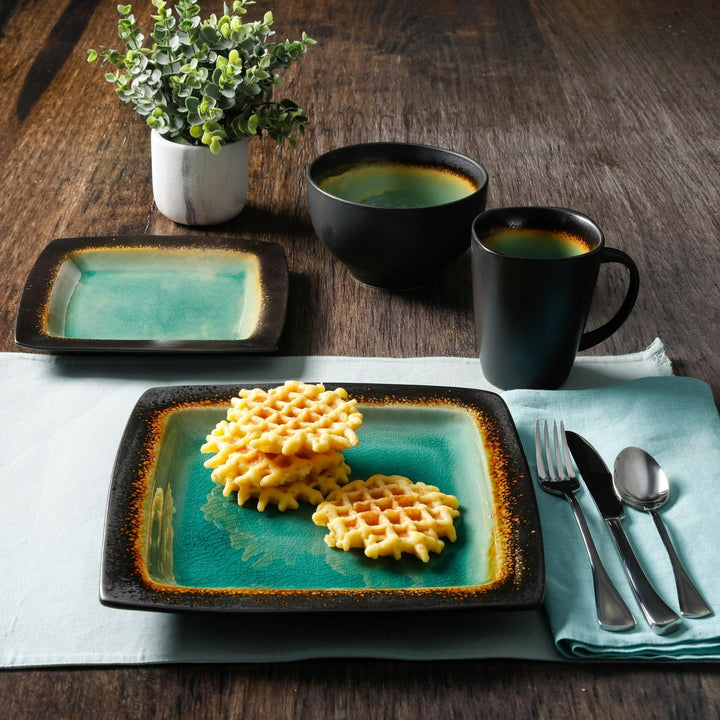 16-piece Dinnerware Set Turquoise Solid Modern Contemporary Round Stoneware 16