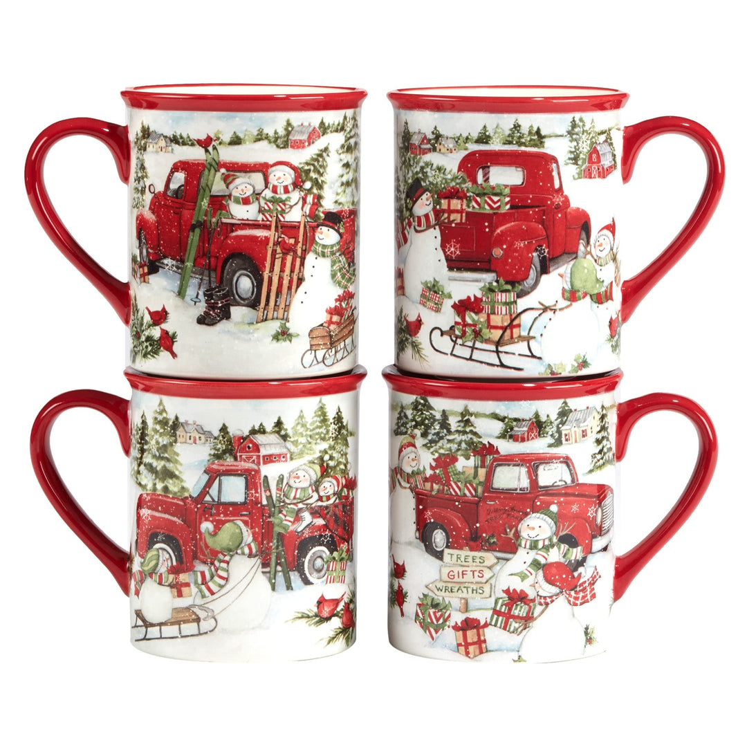 Red Truck Snowman 16 Pc Dinnerware Set Service for 4 Multi olor White Holiday - Diamond Home USA