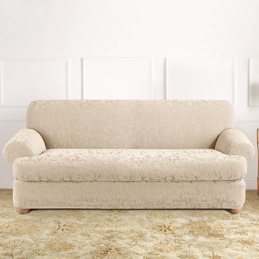 SureFit Stretch Jacquard Damask 2 Piece T Cushion Sofa Slipcover in Oyster - Diamond Home USA