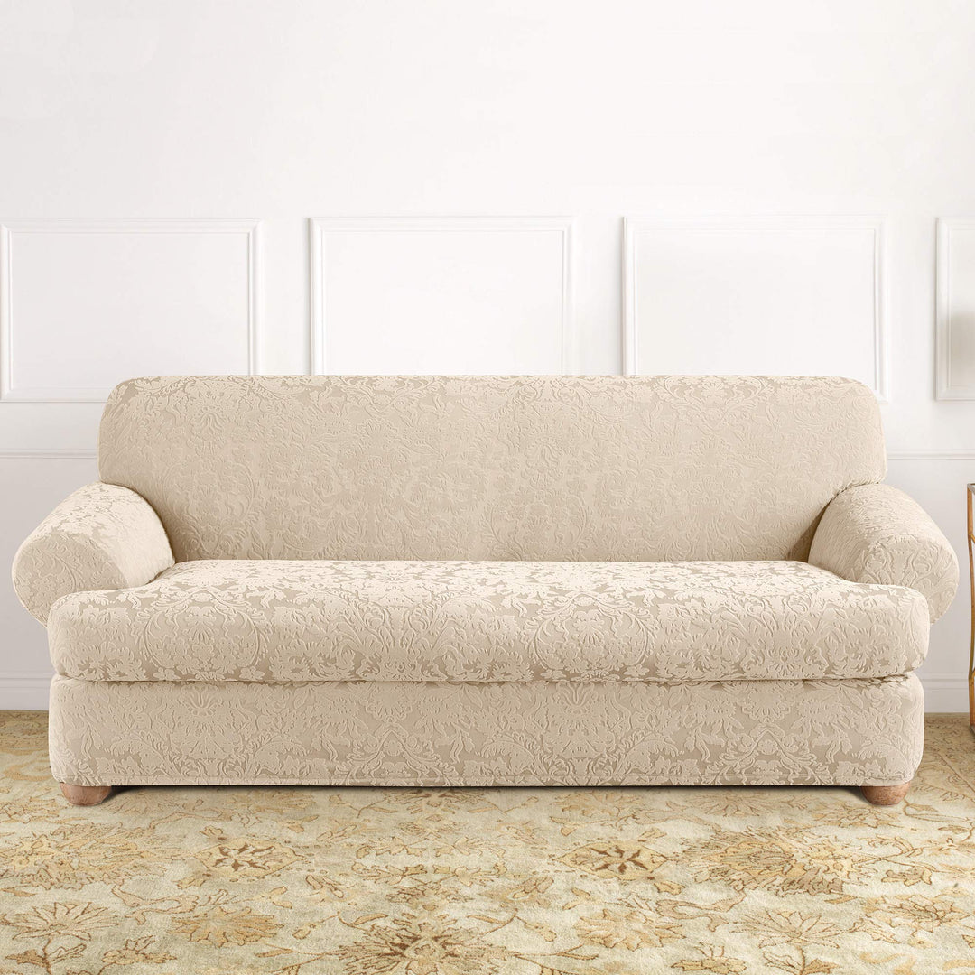 SureFit Stretch Jacquard Damask 2 Piece T Cushion Sofa Slipcover in Oyster - Diamond Home USA