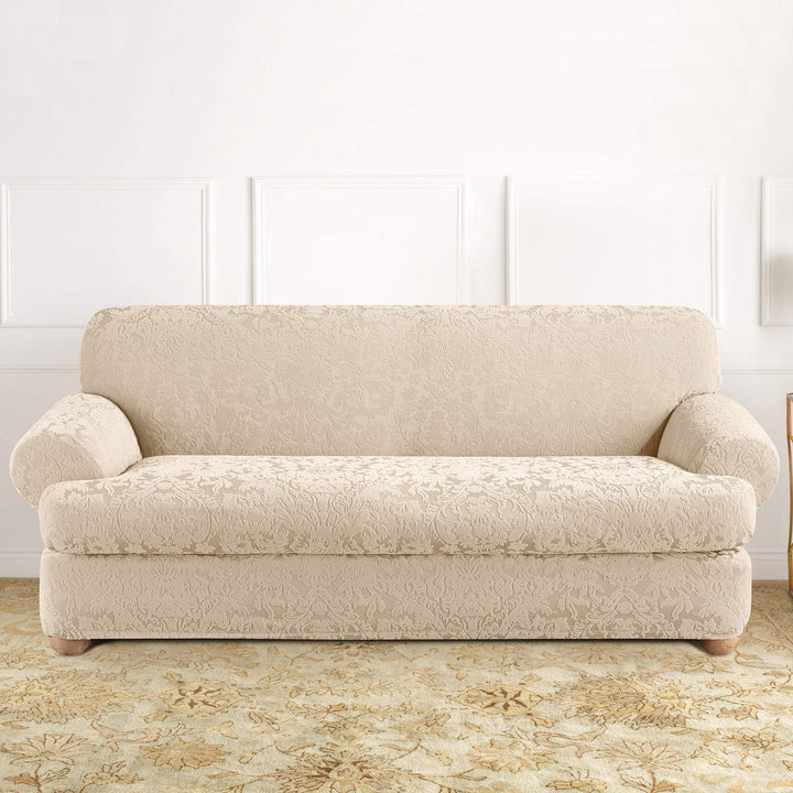 SureFit Stretch Jacquard Damask 2 Piece T Cushion Sofa Slipcover in Oyster - Diamond Home USA
